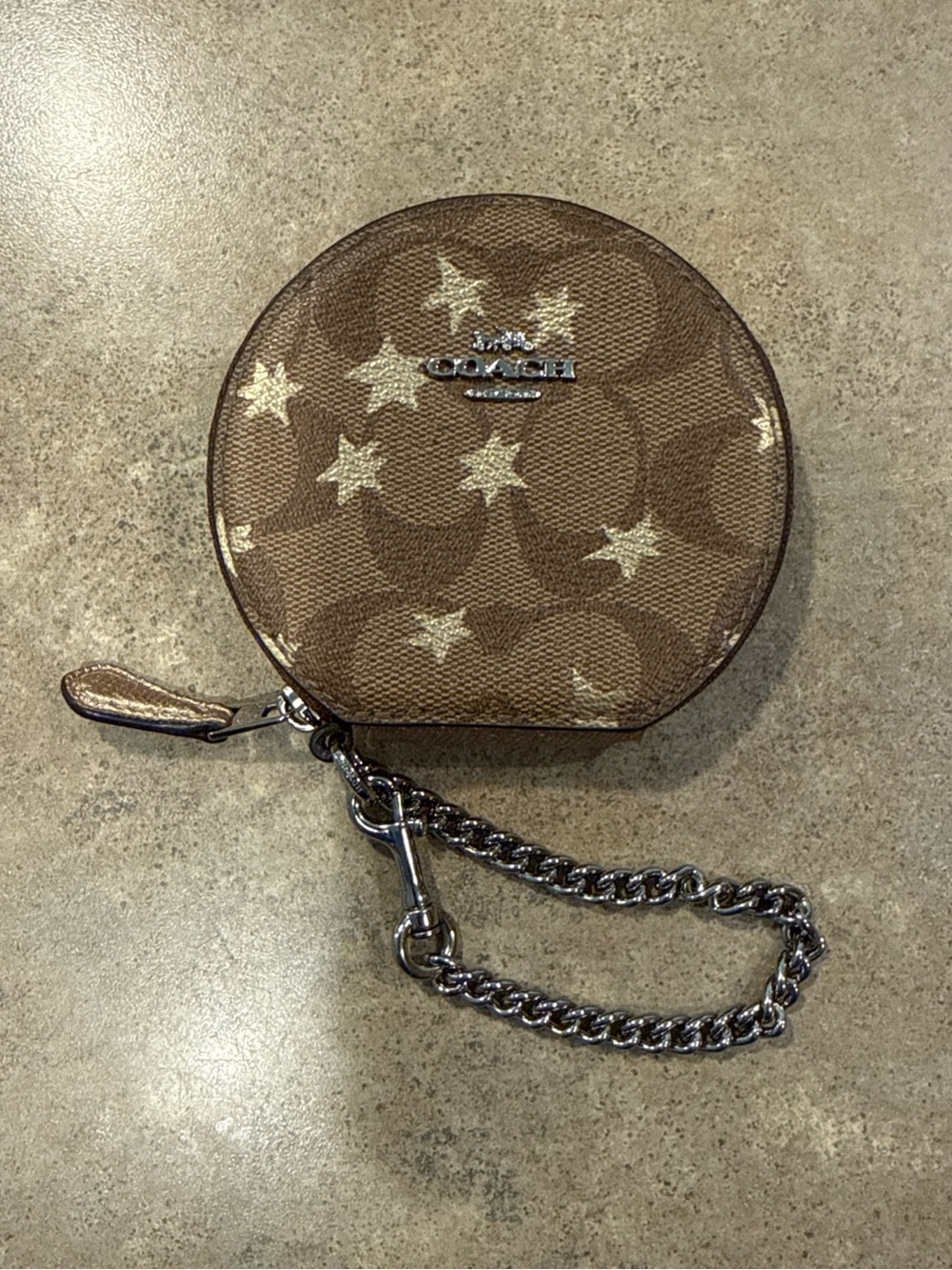 Genuine Coach Circular Coin Pouch Zip Bag Charm Signature Canvas Stars w/ Chain